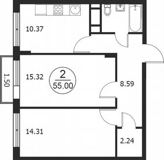 2-к квартира, 55 м², 1/4 эт.