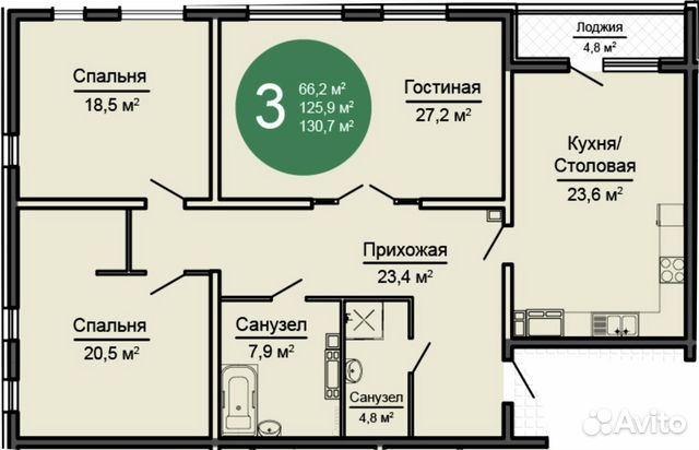3-к квартира, 130.7 м², 4/19 эт. 3-к квартира, 130.7 м², 4/19 эт.