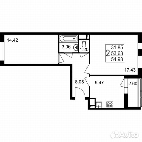 2-к квартира, 54.9 м², 6/8 эт.