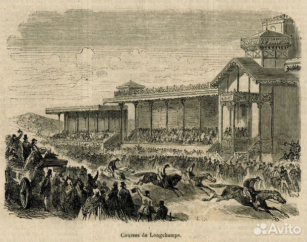 Старинная гравюра 19 в ипподром скачки антиквариат