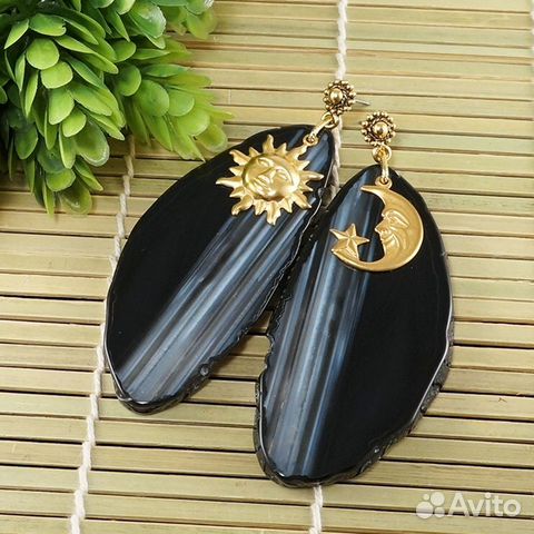 Серьги Солнце и Луна Полумесяц Черный Срез Агата