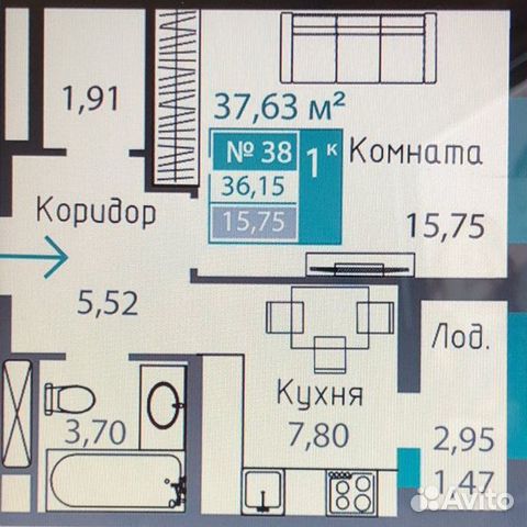 1-к квартира, 38 м², 5/17 эт.