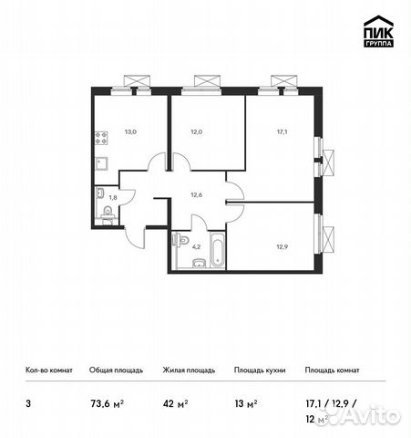 3-к квартира, 73.6 м², 16/17 эт.