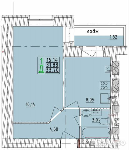 1-к квартира, 33.7 м², 2/9 эт.