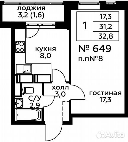 1-к квартира, 32.8 м², 20/20 эт.