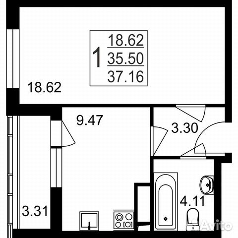 1-к квартира, 37.2 м², 1/8 эт.