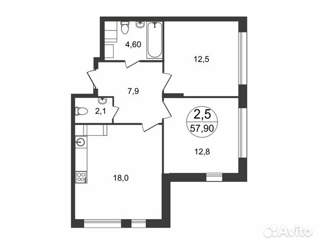 2-к квартира, 57.9 м², 7/10 эт. 2-к квартира, 57.9 м², 7/10 эт.
