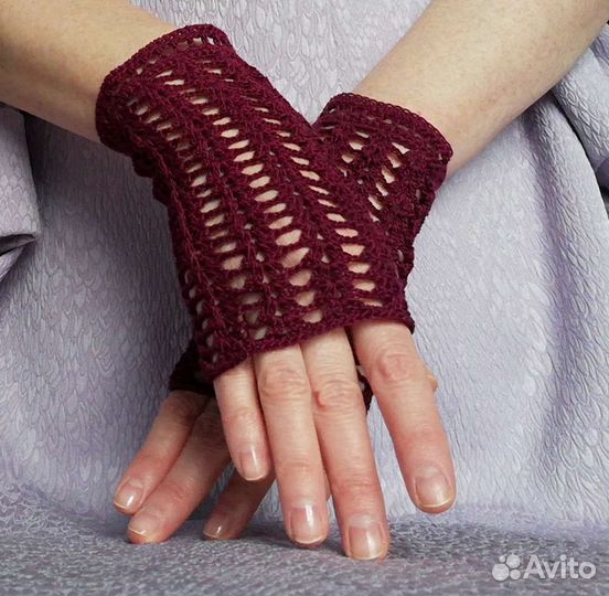 Перчатки митенки белые бордовые ажурные