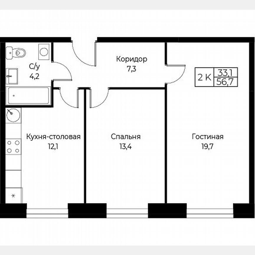 2-к. апартаменты, 56,7 м², 24/30 эт.