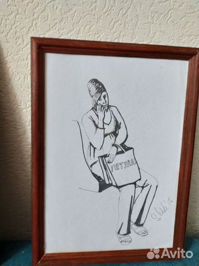 2 картины скетчи рисунки в рамках,с подписью