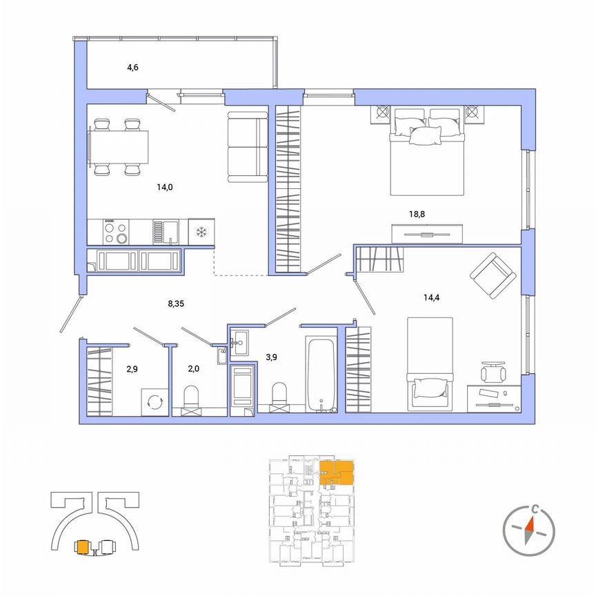 2-к. квартира, 66,7 м², 22/25 эт.