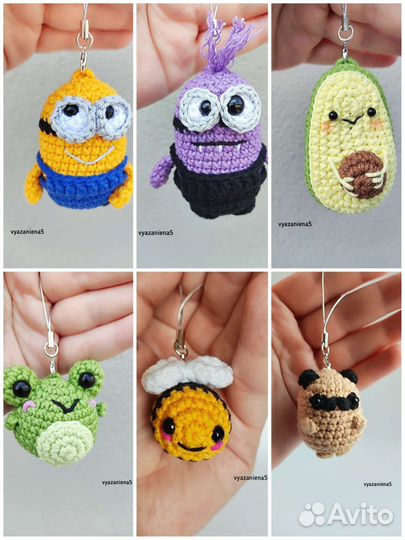Брелок вязаный. Миньон. Жаба. Мопс. Авокадо. Пчела