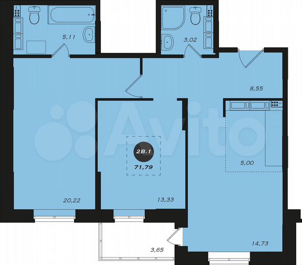 2-к. квартира, 71,8 м², 19/22 эт.