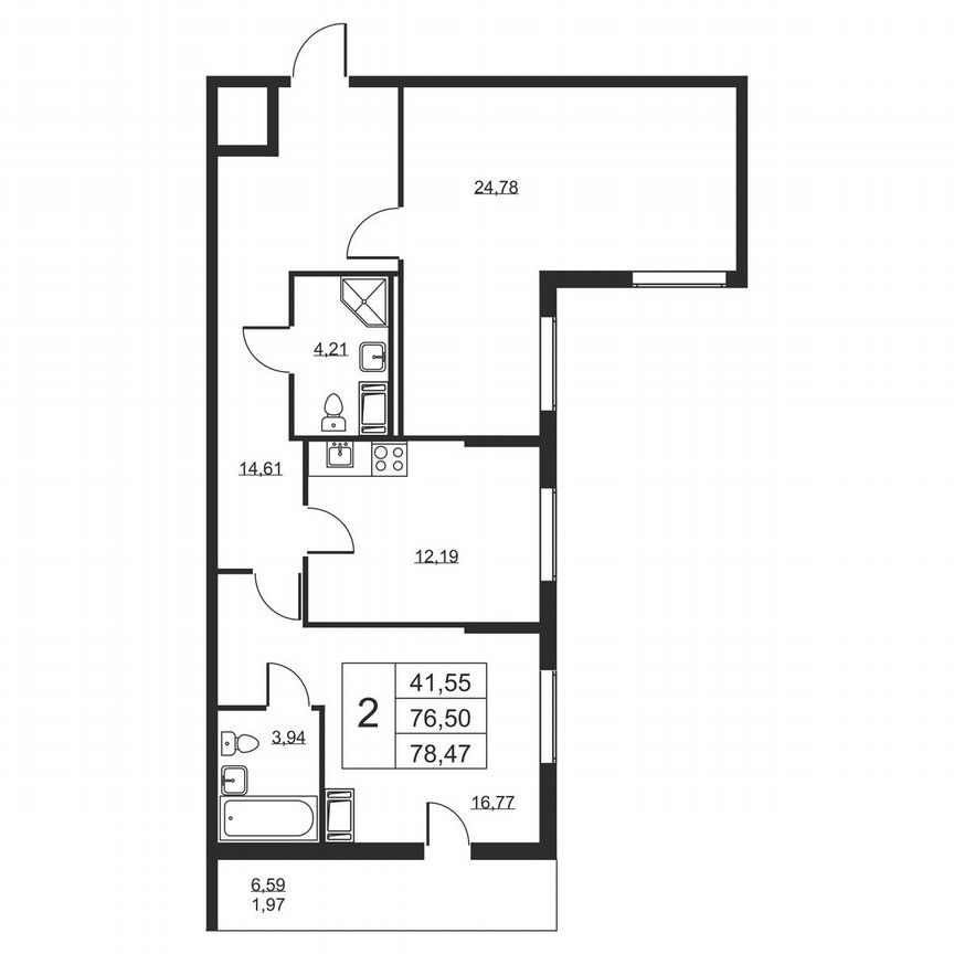 2-к. квартира, 78,5 м², 6/19 эт.