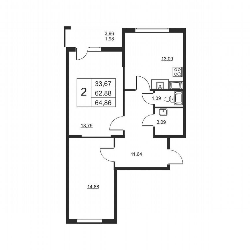 2-к. квартира, 64,9 м², 18/19 эт.