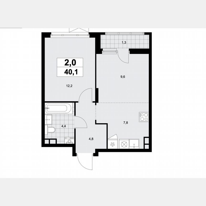 2-к. квартира, 40,1 м², 3/12 эт.