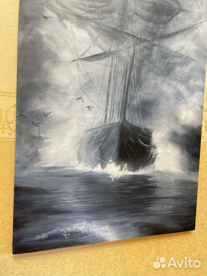 Картина маслом «Корабль в тумане» 140х80