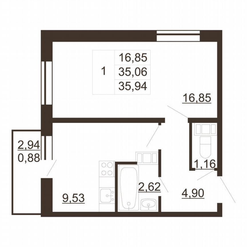 1-к. квартира, 35,9 м², 3/6 эт.