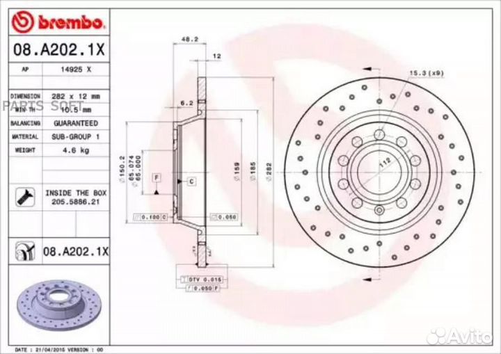 Brembo 08A2021X Диск тормозной задний 282mm Brembo