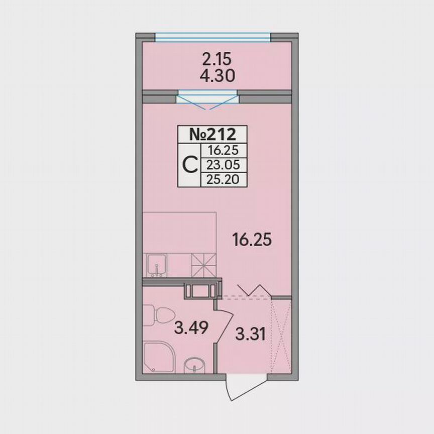 Квартира-студия, 25,2 м², 5/8 эт.