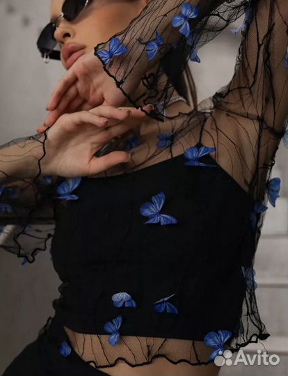 Костюм двойка лонгслив + кроп-топ и мини юбка