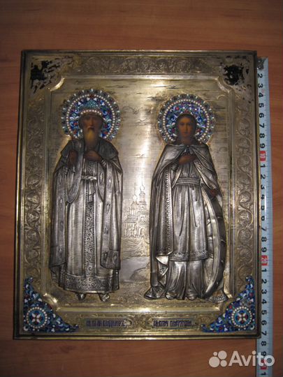 Икона 19 век Владимир и Екатерина 27х22.5 серебро