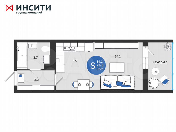Квартира-студия, 26,6 м², 3/24 эт.
