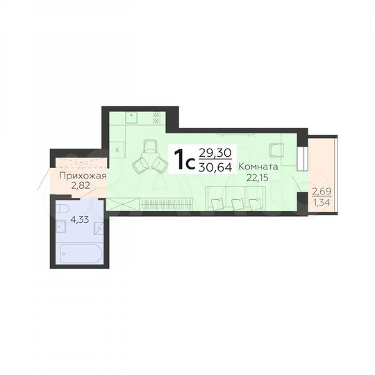 1-к. квартира, 30,6 м², 14/19 эт.