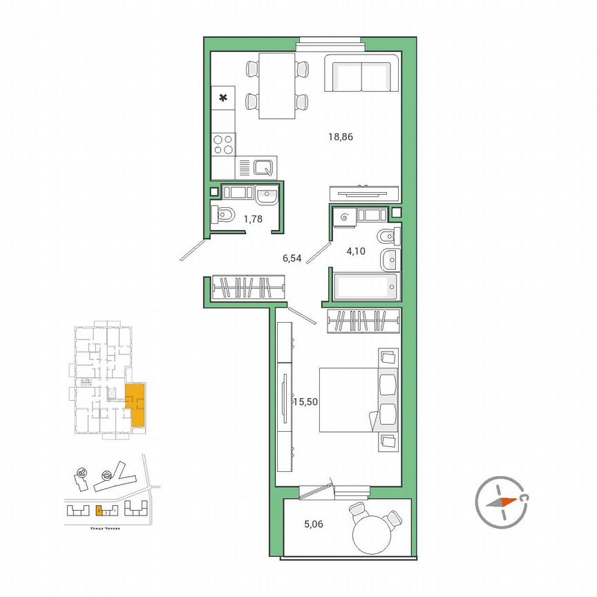 1-к. квартира, 49,5 м², 8/9 эт.