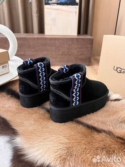 Угги с лентой женские UGG замша овчина чёрные