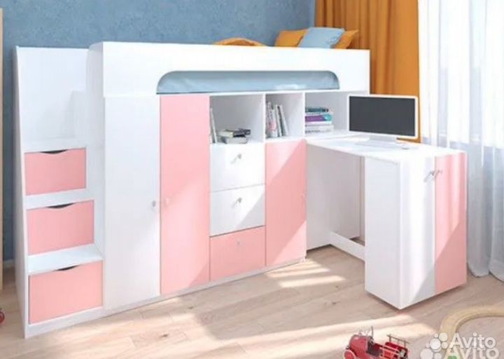 Кровать Чердак Со Столом и шкафом Дуб Молочный/Сон