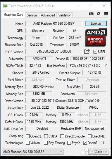 Видеокарта rx 580 8gb 256bit