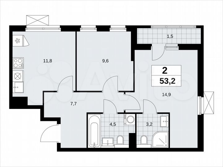 2-к. квартира, 53,2 м², 8/19 эт.