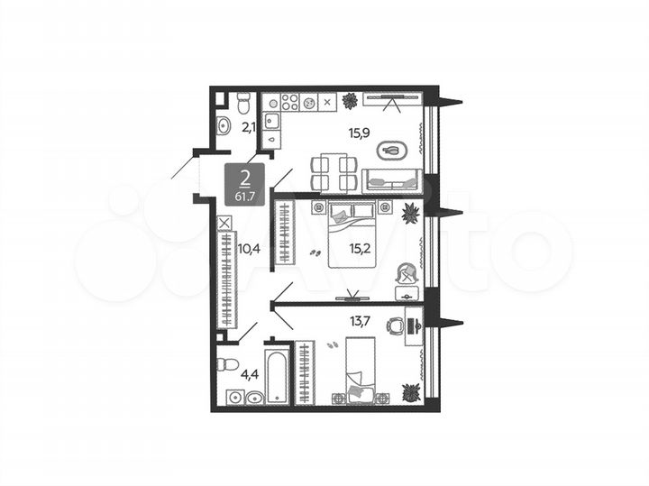 3-к. квартира, 61,7 м², 12/15 эт.