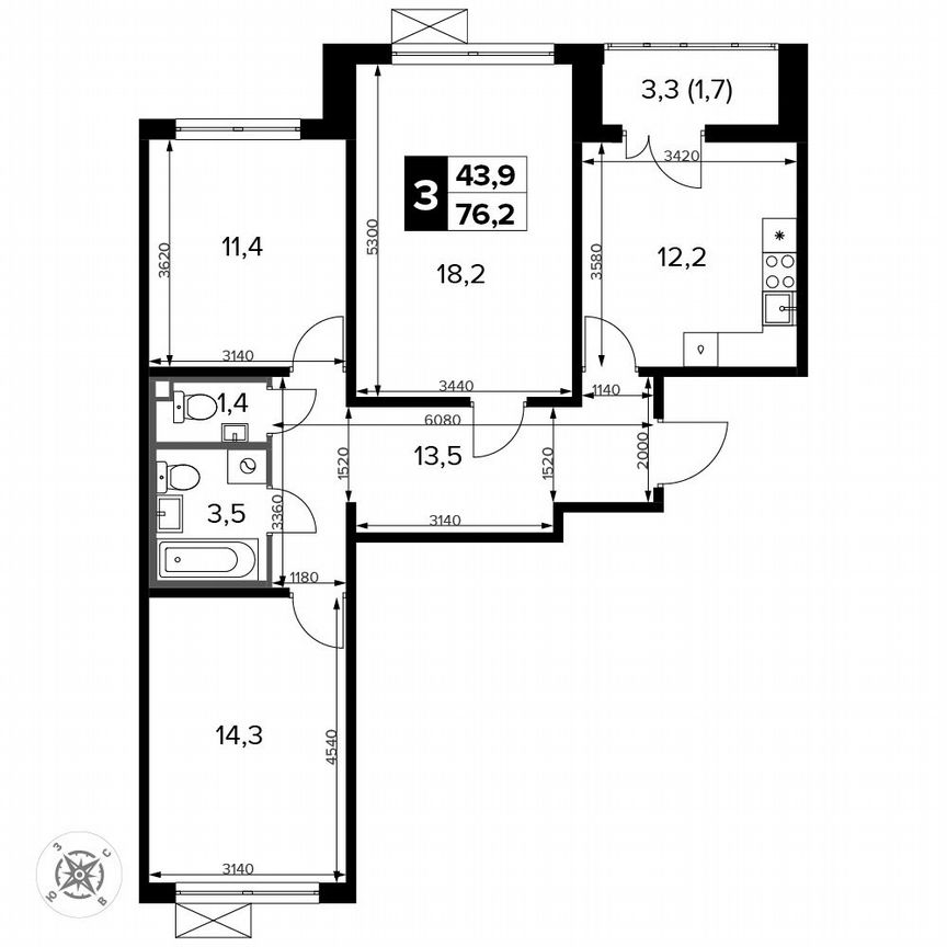 3-к. квартира, 76,2 м², 8/15 эт.