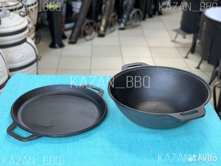 Казан с чугунной крышкой сковородой