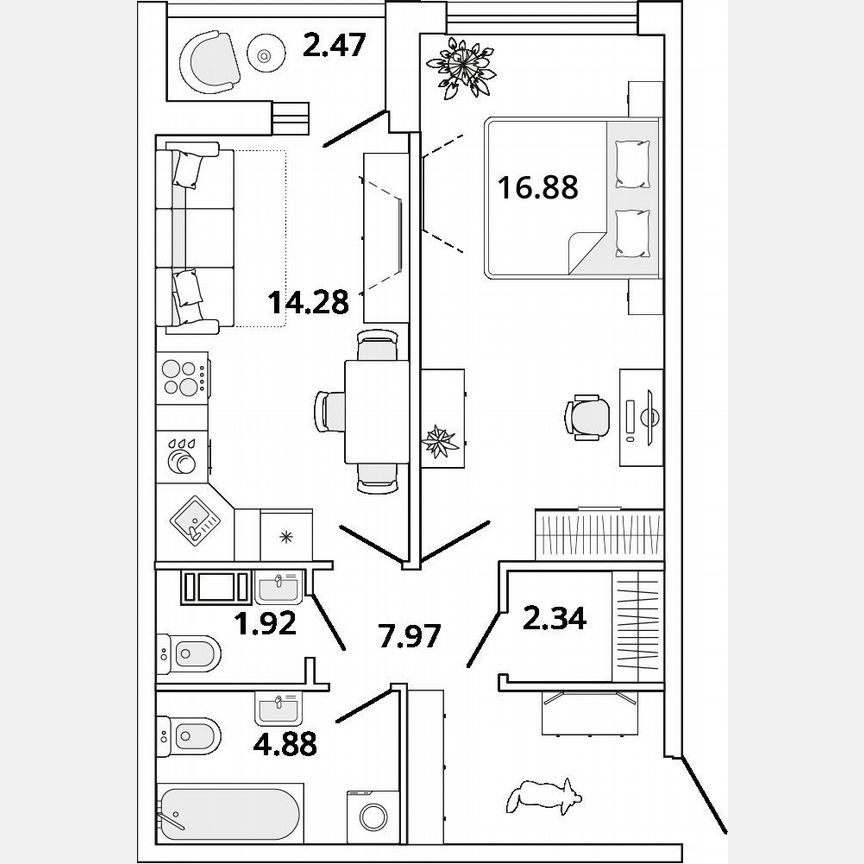 1-к. квартира, 49,5 м², 5/7 эт.