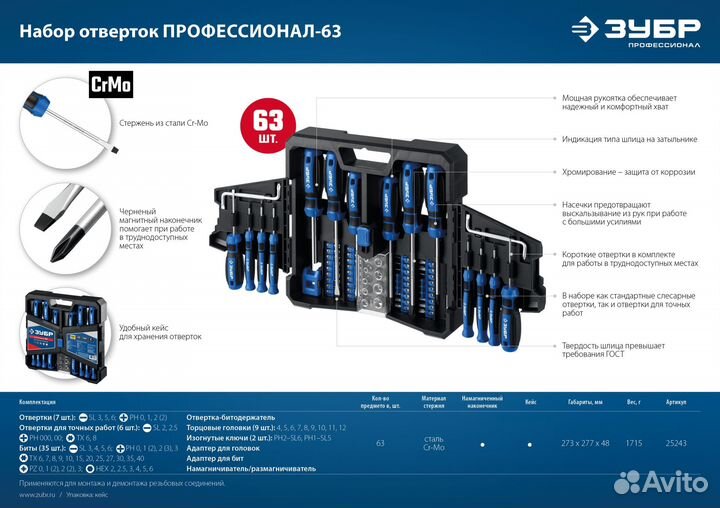 Набор отверток Зубр 63предм 25243