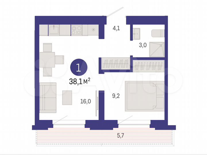 1-к. квартира, 38,1 м², 7/8 эт.