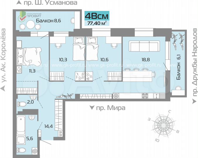 4-к. квартира, 77,9 м², 8/19 эт.
