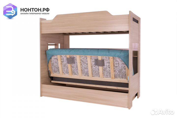 Двухъярусная кровать с диван-кроватью голубой / ши