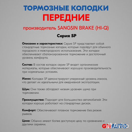 Тормозные колодки передние SP1750 Sangsin Brake