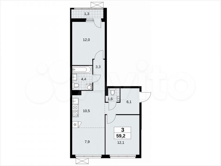 3-к. квартира, 59,2 м², 6/11 эт.