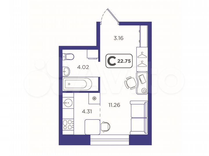 Квартира-студия, 22,8 м², 8/10 эт.