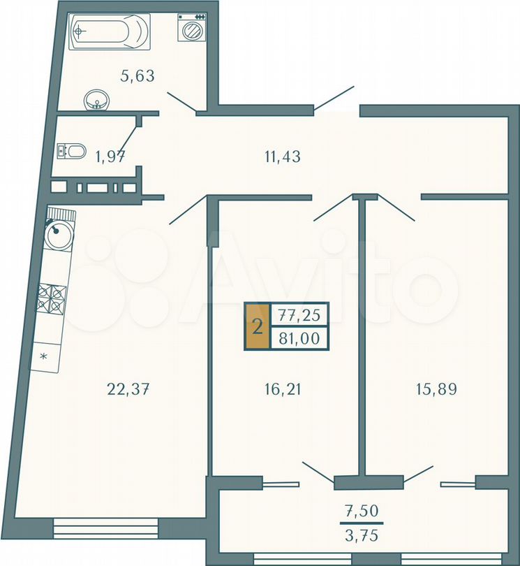 2-к. квартира, 81 м², 5/9 эт.