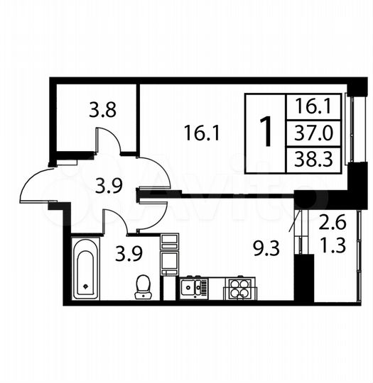 1-к. квартира, 38,3 м², 4/12 эт.