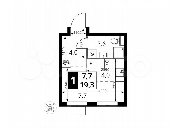 Квартира-студия, 19,3 м², 16/17 эт.