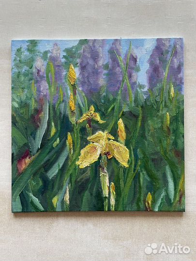Картина с цветами маслом на холсте 20х20 ирисы