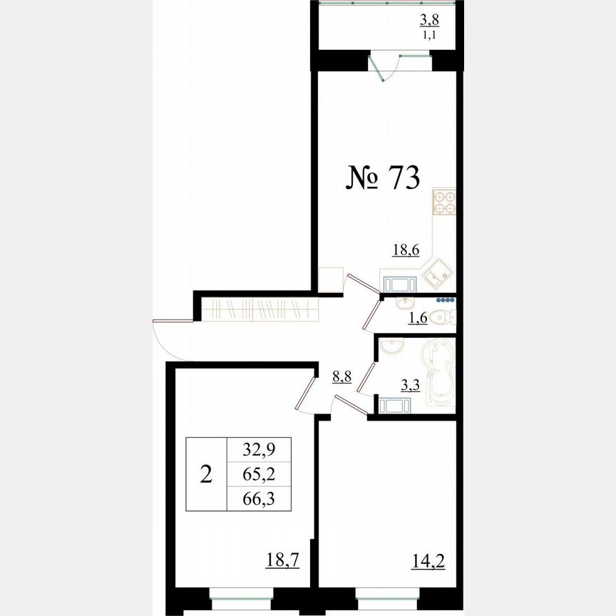 2-к. квартира, 66,3 м², 1/8 эт.