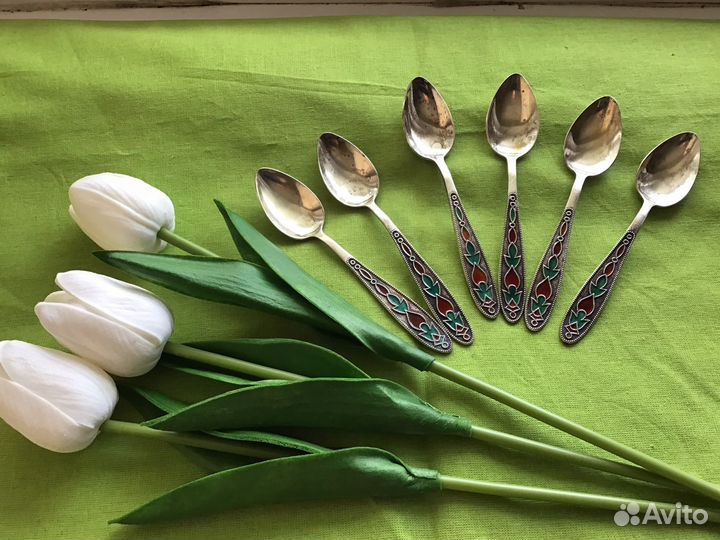 Набор кофейных ложек серебро 875/ эмаль